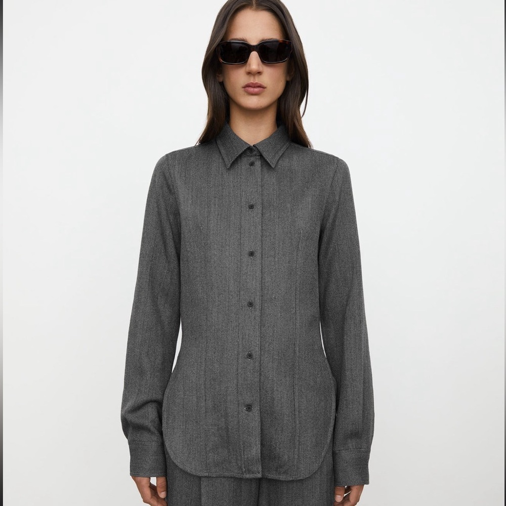 TOTEME Slim Wool Shirt Herring Bone Gray 40, NEW